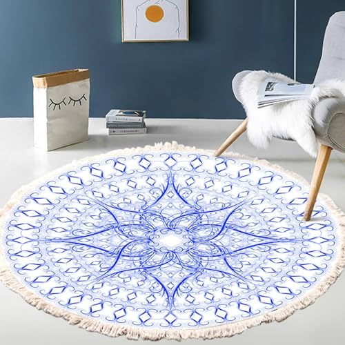 Mesnt Teppich Bürostuhl, Mandala Blumenmuster mit Quaste Teppiche aus Polyester Passend für Wohnzimmer, Schlafzimmer und terrasse, langlebig und pflegeleicht, Blau Weiß, Stil 3, Größe: Rund 150cm von Mesnt