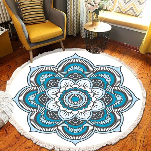 Mesnt Teppich Bürostuhl, Mandala-Muster mit Fransen Teppiche aus Polyester Wohnzimmer Schlafzimmer Kinderzimmer Teppich Deko, Blau, Stil 1, Größe: Rund 80cm von Mesnt