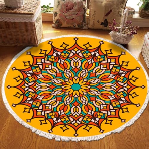 Mesnt Teppich Bürostuhl, Mandala-Muster mit Quaste Teppiche aus Polyester Ideal für Balkon, Garten, Terrasse und als Küchenteppich, Gelb Orange, Stil 1, Größe: Rund 150cm von Mesnt