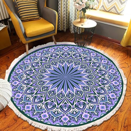 Mesnt Teppich Bürostuhl, Mandala-Muster mit Quaste Teppiche aus Polyester Wohnzimmer Schlafzimmer Kinderzimmer Teppich Deko, Dunkelgrün Lila, Stil 3, Größe: Rund 100cm von Mesnt