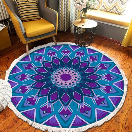 Mesnt Teppich Bürostuhl, Mandala-Muster mit Quaste Teppiche aus Polyester ideal fürs Wohnzimmer, Schlafzimmer und Kinderzimmer auch als Badematte, Lila Blau, Stil 1, Größe: Rund 90cm von Mesnt