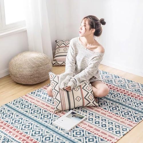Mesnt Teppich Bürostuhl, Raute und Dreiecksmuster Teppiche aus Baumwoll-Leinen ideal für Küche und Esszimmer, Boho-Style, Blau Rot, Größe: Rechteckig 65x65cm von Mesnt