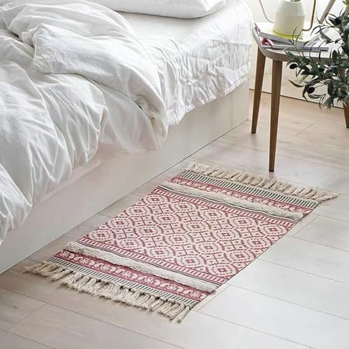 Mesnt Teppichmatte Kinder, Kreismuster mit Quasten Teppiche aus Baumwolle Schlafzimmer Teppich Retro Akzent Wurf Teppich für Büro Esszimmer Kinderzimmer, Rot, Stil 6, Größe: Rechteckig 60x90cm von Mesnt