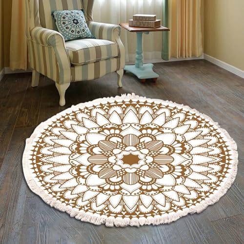Mesnt Teppichmatte Kinder, Mandala Blumenmuster mit Quaste Teppiche aus Polyester Wohnzimmer Schlafzimmer Kinderzimmer Teppich Deko, Khaki, Stil 1, Größe: Rund 90cm von Mesnt