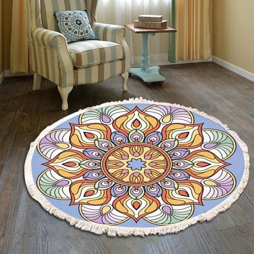 Mesnt Teppichmatte Kinder, Mandala-Muster mit Quaste Teppiche aus Polyester Wohnzimmer Schlafzimmer Kinderzimmer Teppich Deko, Orange Hellgelb, Stil 2, Größe: Rund 80cm von Mesnt