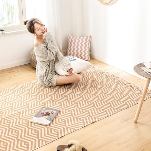 Mesnt Teppichmatte Kinder, Wellenförmiges Streifenmuster mit Quaste Teppiche aus Polybaumwolle Wohnzimmer Schlafzimmer Kinderzimmer Teppich Deko, Khaki, Stil 3, Größe: Rechteckig 120x170cm von Mesnt