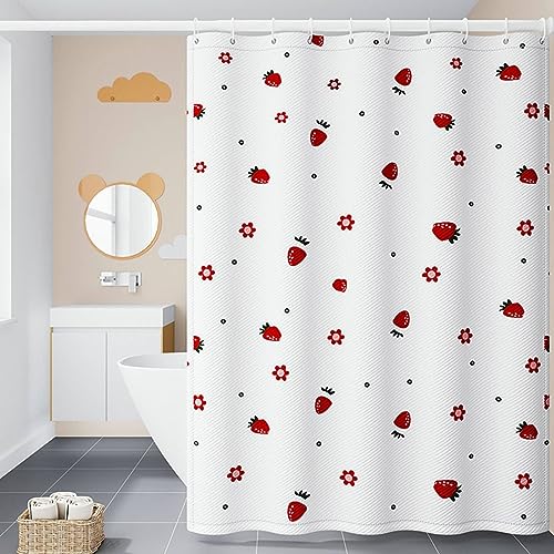 Mesnt Textil Duschvorhang 200x200, mit Erdbeer- und Blumenmuster Duschvorhänge für Badezimmer mit C-Ringe aus Polyester, weiß Rot von Mesnt