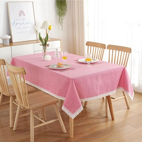 Mesnt Tischtücher Hochzeit, Baumwolle Polyester Polka Dot mit Spitzensaum Tischtuch für Küche, Picknick, Tischdekoration, Rosa, 120 x 160 cm von Mesnt