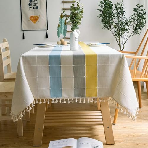 Mesnt Tischtücher Hochzeit, Polyester mit farbigem Streifengittermuster Tischtuch für Küche, Picknick, Tischdekoration, Blau Grau Gelb, Quaste, 110 x 170 cm von Mesnt