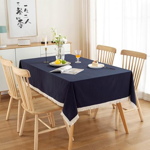 Mesnt Tischtücher Stoff, Baumwolle Einfarbig mit Quaste Tischtuch Fleckenschutz, Marineblau-StyleB, 120 x 160 cm von Mesnt