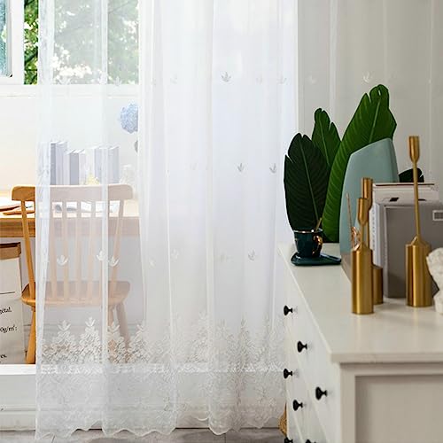 Mesnt Voile Vorhang 160, Transluzenter durchsichtiger Vorhang mit Häkelblumenmuster, einfarbig aus Polyester, Weiße Ösen, 132x160CM-2 STÜCK von Mesnt