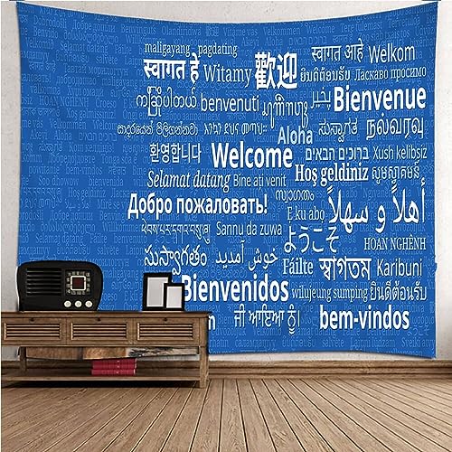 Mesnt Wandbehang 200x200, Wandteppiche aus Polyester mit Mehrsprachiges Willkommen Wohnkultur Wandteppiche Wandkunst für Zimmer, Blau Weiß von Mesnt