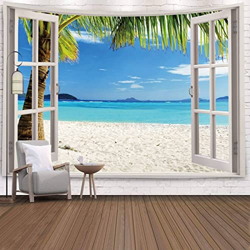 Mesnt Wandbehang Natur Bild Fensterblick, Tapisserien mit Fenster zum Strand Home Decor Wandteppiche Wandkunst für Zimmer Blau Weiss, 200x150cm von Mesnt