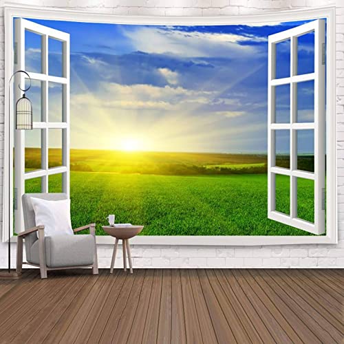 Mesnt Wandteppich 200x150, Wandteppiche mit Sonnenaufgang auf der Wiese vor dem Fenster Weichen Stoff Wohnzimmer Schlafzimmer Teppich Picknickdecke Wanddeko Blau Weiß Grün von Mesnt