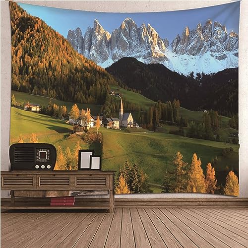 Mesnt Wandteppich Aesthetic, Polyester Wandteppich mit Berg, Baum und Dorf-Muster Weichen Stoff Wohnzimmer Schlafzimmer Teppich Picknickdecke Wanddeko, Grün, 260 x 240 cm von Mesnt