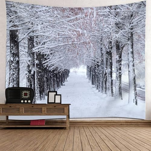 Mesnt Wandteppich Groß 200x200, 200x200cm Schneebaum Winterlandschaft Tapisserie Wandbehang für Wohnzimmer Tagesdecke Zimmer Schlafzimmer Wanddeko | Schwarz Weiß von Mesnt