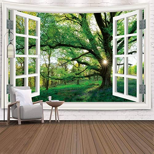 Mesnt Wandteppich Natur, Wandteppich mit Natürlicher Baum und Sonnenschein vor dem Fenster Home Decor Wandteppiche Wandkunst für Zimmer Grün Weiß, 150x130cm von Mesnt