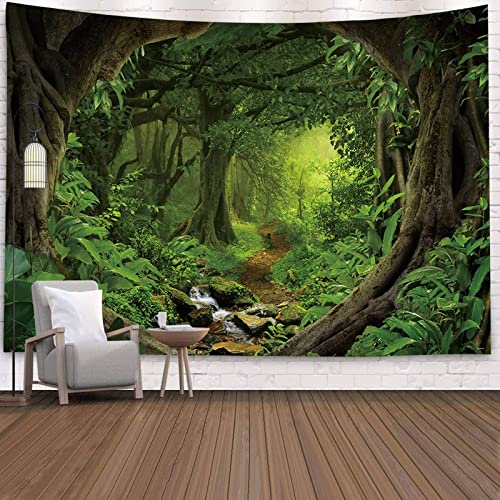 Mesnt Wandteppich Natur, Wandtuch Baum Grün Psychedelisch Dschungel Wandbehang Bettwäsche Tapisserie (150x150cm) von Mesnt