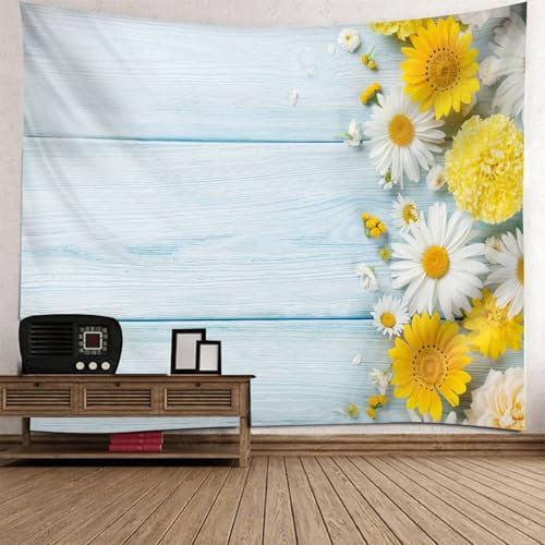 Mesnt Wandteppich Natur Groß, 350x256cm Blumen und Planke Tapisserie Wandbehang für Wohnzimmer Tagesdecke Zimmer Schlafzimmer Wanddeko | Hellblau Gelb von Mesnt