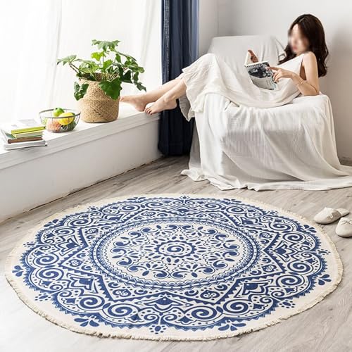 Teppich Bürostuhl, Böhmische Blumen Teppiche aus Baumwoll-Leinen Moderne Teppiche Matte Teppichen für Schlafzimmer Kinderzimmer, Königsblau, Stil 3, Größe: Rund 180cm von Mesnt