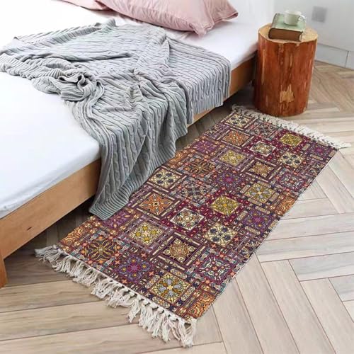 Teppich Bürostuhl, Geometrisches Muster mit Quasten Teppiche aus Baumwoll-Leinen für Balkon, Garten, Wohnzimmer & Küche, Rot Gelb Orange, Stil 4, Größe: Rechteckig 80x120cm von Mesnt