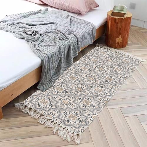 Teppich Bürostuhl, Geometrisches Muster mit Quasten Teppiche aus Baumwoll-Leinen ideal für Küche und Esszimmer, Boho-Style, Hellgrau Helles Khaki, Stil 3, Größe: Rechteckig 60x90cm von Mesnt