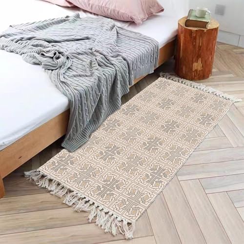 Teppichmatte Kinder, Geometrisches Muster mit Quasten Teppiche aus Baumwoll-Leinen Wohnzimmer Schlafzimmer Kinderzimmer Teppich Deko, Helles Khaki, Stil 2, Größe: Rechteckig 120x200cm von Mesnt