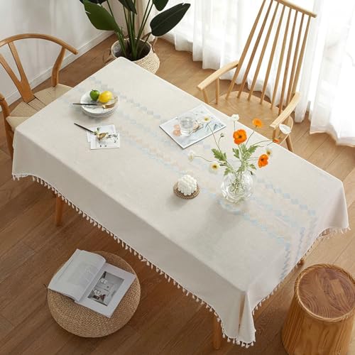 Tischdecke Landhausstil Vintage, Polyester Einfacher gestrickter Blattstreifen Tischtuch für Esszimmer, Garten, Party, Hochzeiten oder Haushalt, Blau, Blau, 140 x 240 cm von Mesnt