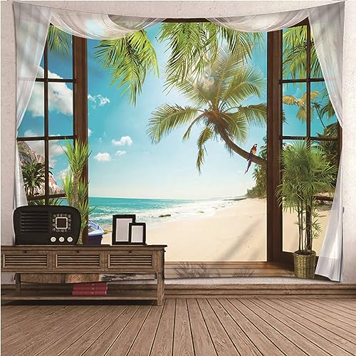 Wandbehang Meer Strand, Polyester Wandteppich mit Fenster Palme Meer Strand Szenerie Wohnzimmer Schlafzimmer Picknickdecke Teppich Yogamatte Wanddeko, Blau Grün, 350 x 256 cm von Mesnt