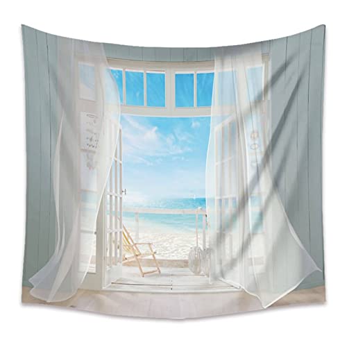 Wandbehang Meer Strand 230x180, Wandteppich mit Fenster- und Strandmuster Wohnkultur Wandteppiche Wandkunst für Zimmer Blau Weiß Grau von Mesnt