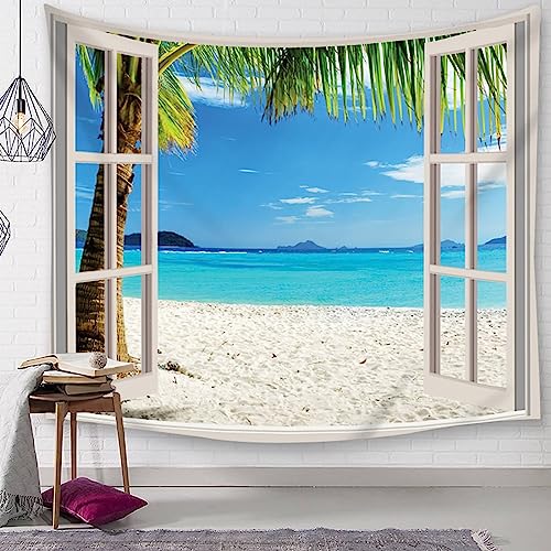 Wandteppich Strand Meer, Tapisserie Fenster Öffnen Meer Natur Landschaft Tapestry für Wohnzimmer Tagesdecke Zimmer Schlafzimmer (Blau Weiß, 210x140cm) von Mesnt