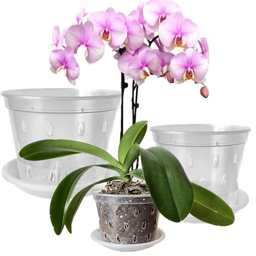 Mesoar Orchideentöpfe aus transparentem Kunststoff, mit Löchern und Untersetzern, für Pflanzen, Blumentöpfe zum Umtopfen von Orchideen, für den Innen- und Außenbereich (9, 3 Stück je 11 cm, 14 cm, 17 von Mesoar