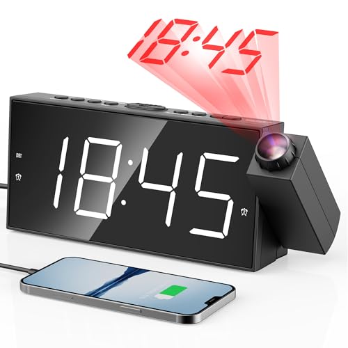 Projektionswecker für Schlafzimmer, Digitalwecker mit großer 7" LED-Anzeige, Dimmer, 180° Projektor, USB-Ladegerät, 12/24 H, DST, Snooze, Batterie Backup, Schreibtisch Wand Deckenuhr für ältere Kinder von Mesqool