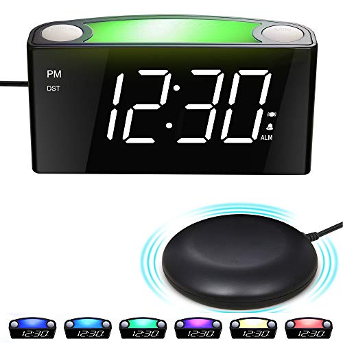 Wecker mit Vibration für Tiefschläfer&Hörgeschädigte, Typ C-Ladegerät, 12/24 H, Lauterwecker mit 7 Earbiges Nachtlicht, Großes LED-Anzeige, Dimmer, Snooze, Batterie-Backup, Digitalwecker Schlafzimmer von Mesqool