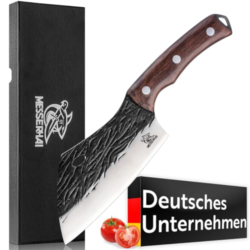 Messerhai Hackmesser Tyrfing, geschmiedetes Küchenmesser – Rustikales Edelstahl-Hackmesser mit hochwertigem Rosenholz-Griff, extrem scharf & perfekt ausbalanciert, in Geschenkbox von Messerhai
