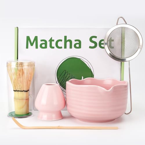 MestectPET 5 Stück Rosa Matcha Set mit Matcha Besen, Porzellan Matcha Schale und Besenhalte, Sieb und Löffel, Geschenk für Matcha-Liebhaber MestectPET 5 Stück Rosa Matcha Set mit Matcha Besen, Porzellan Matcha Schale und Besenhalte, Sieb und Löffel, Geschenk für Matcha-Liebhaber von MestectPET