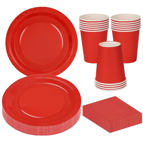 MestectPET 56 Stück Rot Partygeschirr Set, Pappteller Becher Servietten für 16 Gäste, Geschirr Set für Geburtstage Hochzeiten Babypartys Partys und Feiertage Tischdekorationen von MestectPET