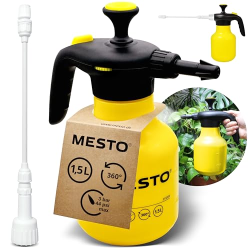 Mesto BUGSI 360° Drucksprüher 1,5L Set inkl. MESTO Verlängerungsrohr 27cm | Sprühflasche für Garten & Pflanzen | Pumpsprühflasche | Sprühgerät mit 2 in 1 Ventil | Pflanzensprüher | Verstellbare Düse von Mesto