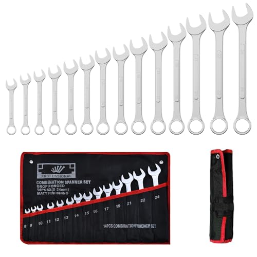 Mesybveo 14 Stück Ratschenschlüssel Set, 8-24 mm Ring Gabelschlüssel Ringmaulschlüssel Satz aus Chrom-Vanadium-Stahlin, in Rolltasche, Schraubenschlüssel mit 12 Zähnen zum Befestigung und Demontage von Mesybveo