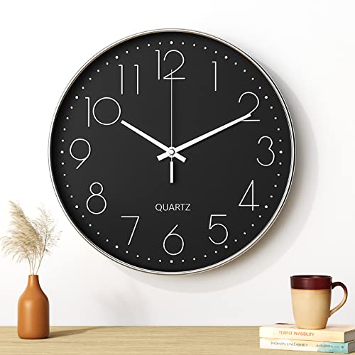 Mesybveo Wanduhr, 30 cm (12 Zoll), Moderne Wanduhr, geräuscharmes Quarzwerk, minimalistisches Design, modern, schwarz, für Wohnzimmer, Küche, Büro, Schlafzimmer (silberfarbener Charakter) von Mesybveo