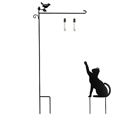 Gartenflaggenhalter Ständer Metall Garten Fahnenmast Hof Flaggenständer mit Anti-Wind Clip verziert mit Vogel und Katze von MetMetalrt
