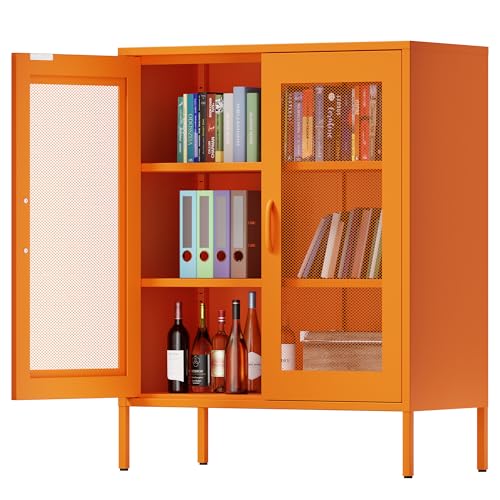 Metall-Speicherschrank mit Maschendrahttüren, Sideboard-Schrank mit 2 Türen und 2 verstellbaren Regalen, Mehrzweck-Schrank aus Stahl, 40B x 80T x 101,5H cm, Orange von MetaCate lnov