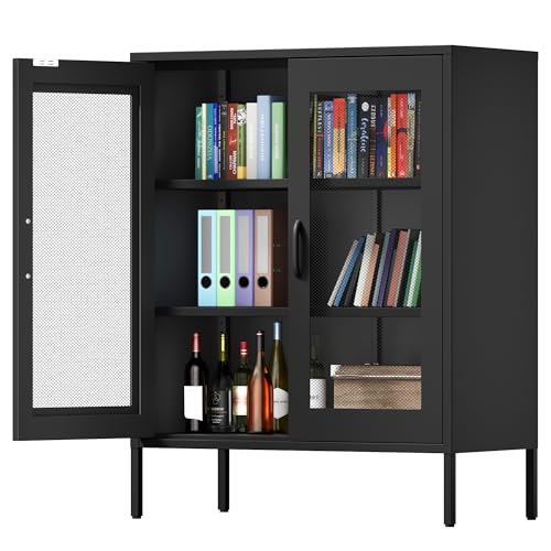 Metall-Speicherschrank mit Maschendrahttüren, Sideboard-Schrank mit 2 Türen und 2 verstellbaren Regalen, Mehrzweck-Schrank aus Stahl, 40B x 80T x 101,5H cm, Schwarz von MetaCate lnov