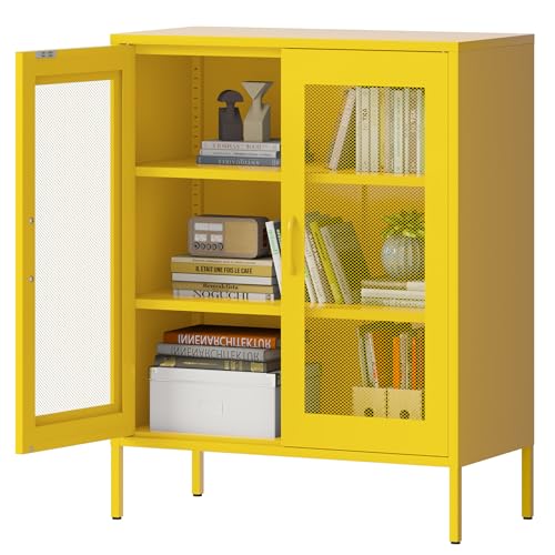 Metall-Speicherschrank mit Maschendrahttüren, Sideboard-Schrank mit 2 Türen und 2 verstellbaren Regalen, Mehrzweck-Schrank aus Stahl, 40B x 80T x 101,5H cm, gelb von MetaCate lnov