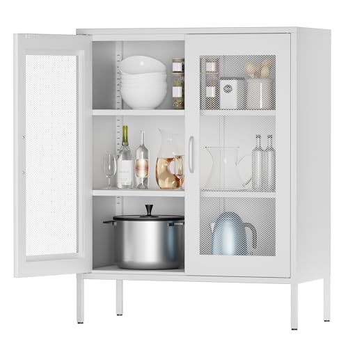 Metall-Speicherschrank mit Maschendrahttüren, Sideboard-Schrank mit 2 Türen und 2 verstellbaren Regalen, Mehrzweck-Schrank aus Stahl, 40B x 80T x 101,5H cm, weiß von MetaCate lnov