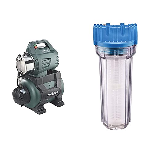 Metabo Hauswasserwerk HWW 4500/25 Inox (1300 Watt, 4,8 bar, 24 Liter, Fördermenge 4500 Liter/Stunde, Rückschlagventil Hauswasserautomat mit Start) & Güde 94462 Typ B Wasserfilter, Blau, transparent von metabo