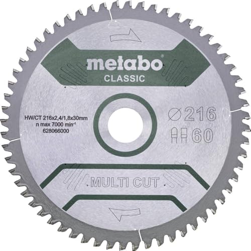 Metabo Sägeblatt "multi cut - classic", 254x2,6/1,8x30 Z60 FZ/TZ 5°neg (628285000) Durchmesser x Schnittbreite x Bohrung: 254 x 2.6 x 30 mm, Material: HW/CT, Zähnezahl: 60 Metabo Sägeblatt "multi cut - classic", 254x2,6/1,8x30 Z60 FZ/TZ 5°neg (628285000) Durchmesser x Schnittbreite x Bohrung: 254 x 2.6 x 30 mm, Material: HW/CT, Zähnezahl: 60 von metabo