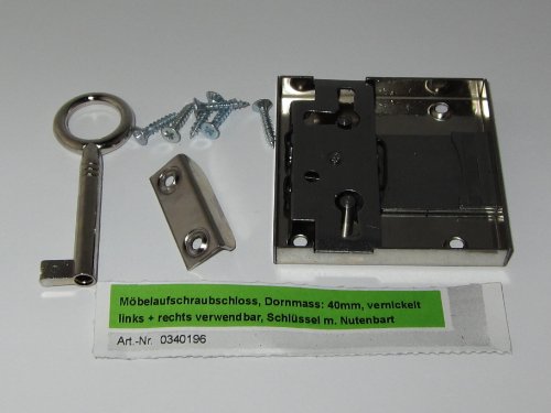 Möbelaufschraubschloss, Dornmass 40 mm, vernickelt, links und rechts verwendbar, Schlüssel mit Nutenbart, 0340196 von Metafranc Vertriebsgesellschaft