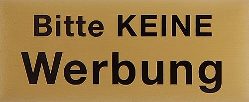 Metafranc Klebeschild "Bitte keine Werbung" - 60 x 25 mm - aus Aluminium - in klassischer Messing-Optik - Selbstklebende Rückseite / Beschilderung / Infoschild / Briefkastenschild / 507510 von Metafranc
