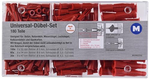 Metafranc Universaldübel-Sortiment 180-teilig - Ø 5 / 6 / 8 mm Dübel - Made in Germany - Für Befestigungen in Voll- & Hohlbaustoffen / Allzweckdübel / Spreizdübel / Dreiflügel / 952250 von Metafranc